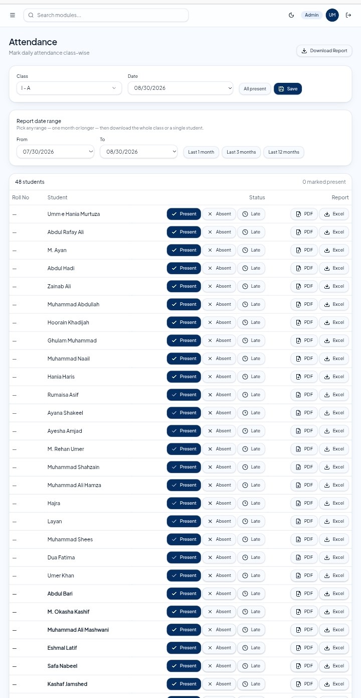EduCore ERP Attendance screen