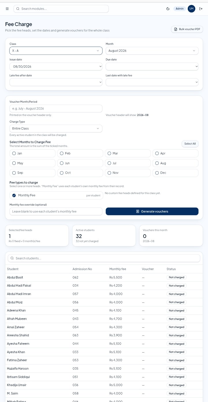 EduCore ERP Fee Charge & Vouchers screen