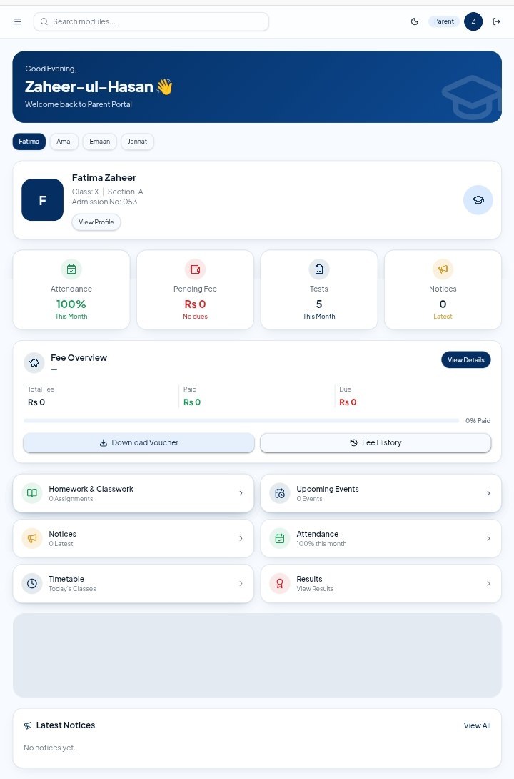 EduCore ERP Parent Portal screen