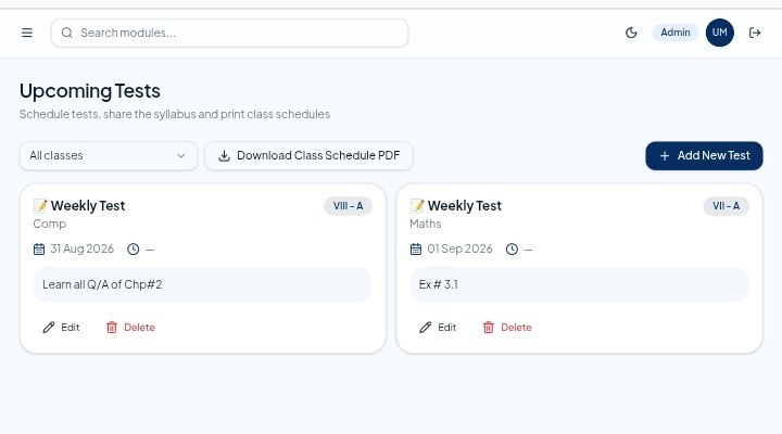 EduCore ERP Upcoming Tests screen